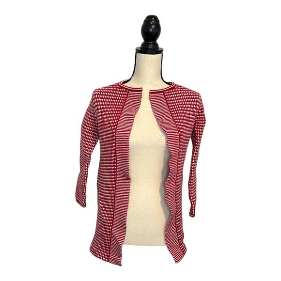Talbots 100% Merino Wool Open Front Cardigan Knit Sweater Women S Red White Long - Picture 2 of 6
